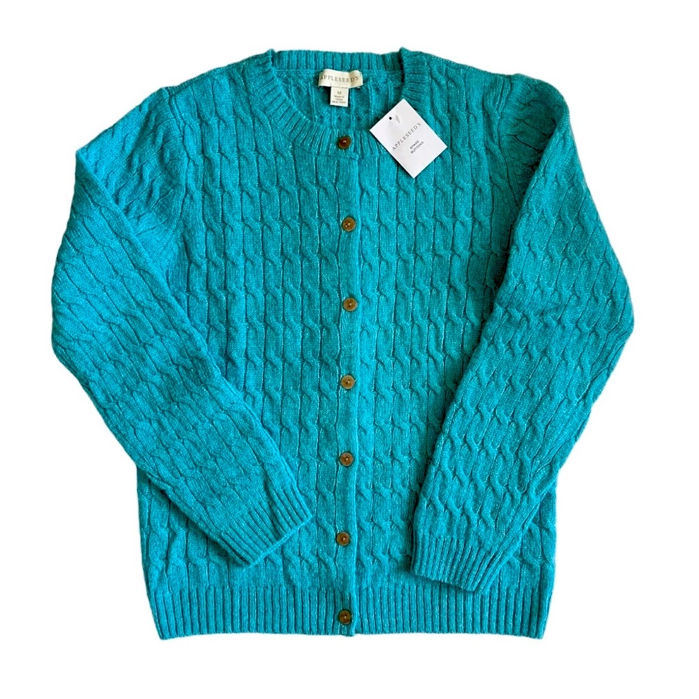 Appleseeds Teal Wool Cable Knit Cardigan Womens